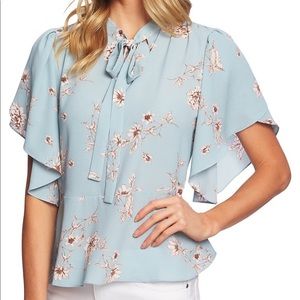 Blue Floral Neck Tie Blouse